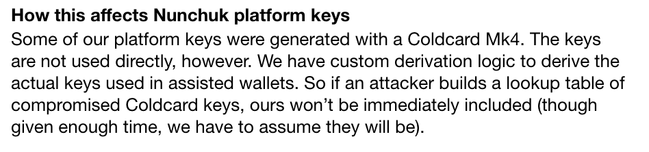 CSBastiat's tweet photo. I am very annoyed with @nunchuk_io for not disclosing sooner that their platform keys were generated with Coldcards.

HW wallet variety is crucial when setting up a multisig and every Nunchuk user has an extra Coldcard on their multisig that they prob didn't know about. https://t.co/02ubYrLYQj