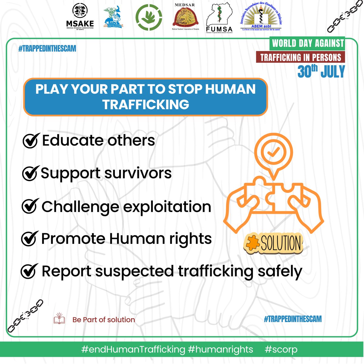 scorprwanda's tweet photo. Stopping human trafficking isn't individual action but collective one 🤝.
Be part of the solution by educating your community, supporting survivors and speaking up to report any suspected case

#TrappedInTheScam #EndHumanTrafficking #WorldDayAgainstTraffickingInPersons https://t.co/xTfh1RsFA7