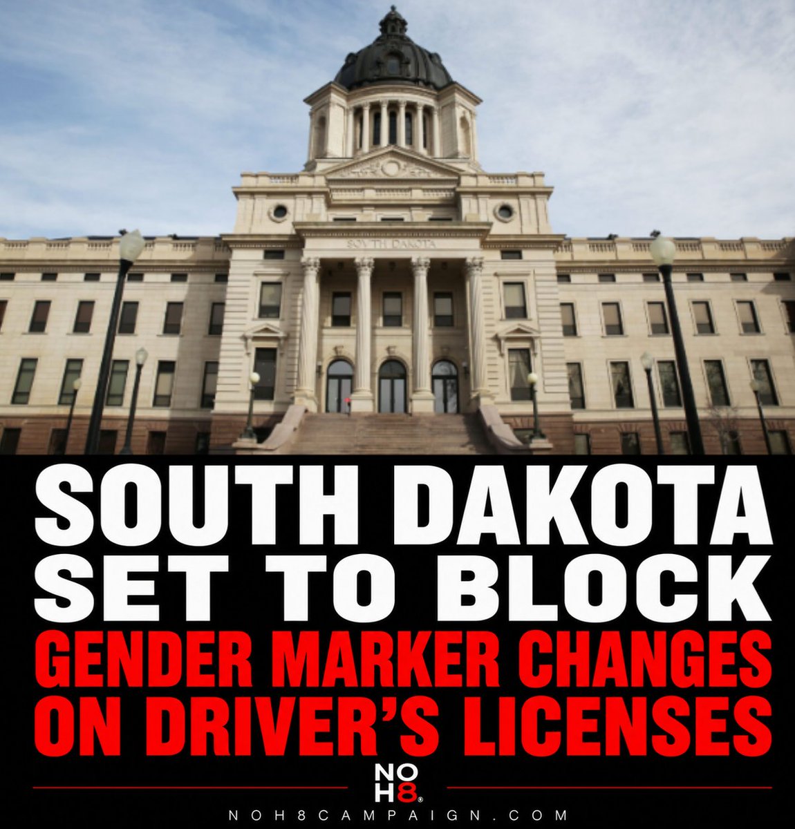 NOH8Campaign's tweet photo. South Dakota is set to end gender marker changes on driver's licenses through an administrative policy. The change would prevent residents from updating the gender marker on their state-issued driver's licenses #NOH8 https://t.co/lYxNinQLDt