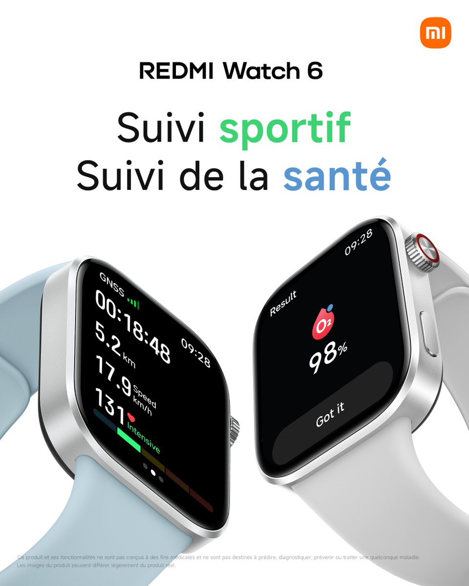 XiaomiFrance's tweet photo. Un coach sportif ET un assistant santé directement à votre poignet ? C'est possible 👌
Avec la #REDMIWatch6, accédez à des dizaines de modes sportifs et à un suivi de santé détaillé pour rester au sommet de votre forme ✨
Disponible à 99,99 € 👉 https://t.co/Jb240Fr09L https://t.co/q9cLdBBace