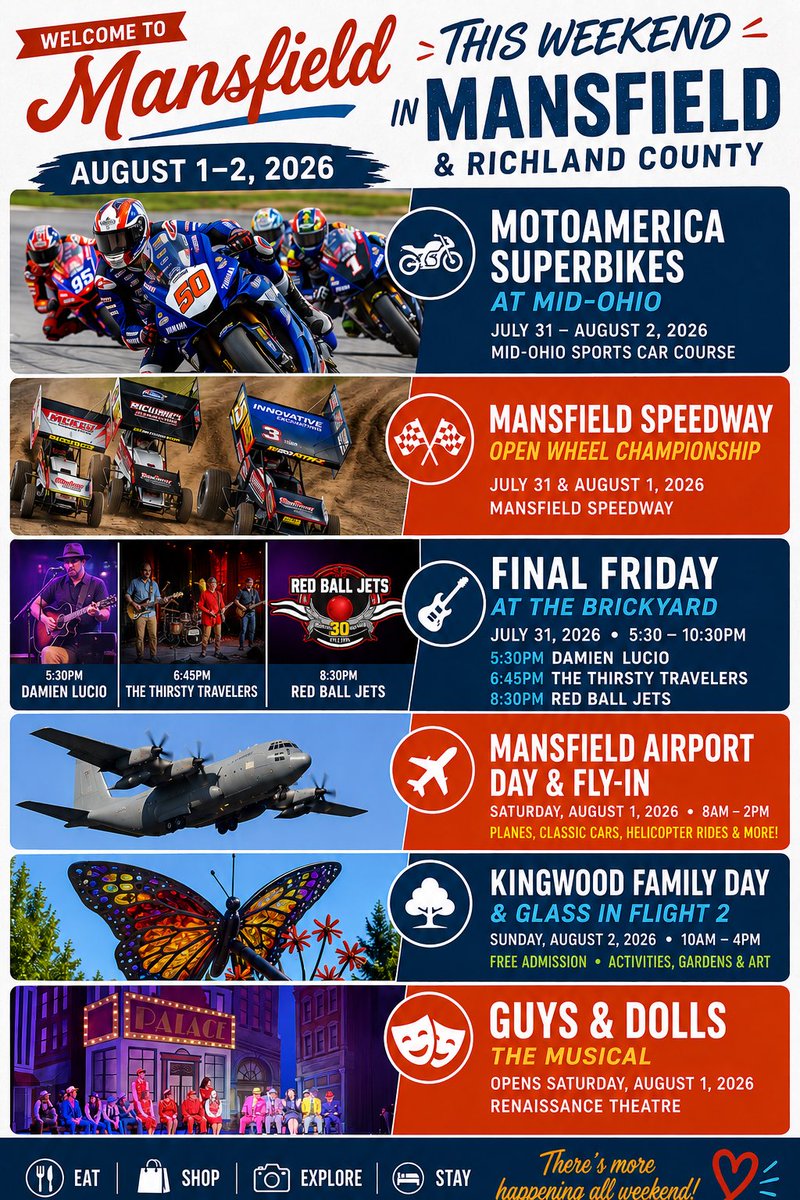 DestinationMans's tweet photo. 🏍🏁🎸✈️🎭🌸

This weekend in Mansfield &amp; Richland County features:

• MotoAmerica Superbikes
• Mansfield Speedway
• Final Friday
• Airport Day &amp; Fly-In
• Kingwood Family Day &amp; Glass in Flight 2
• Opening Weekend of Guys &amp; Dolls

Find more events:
https://t.co/prFp0BOoRk https://t.co/4BQiZRE2KR
