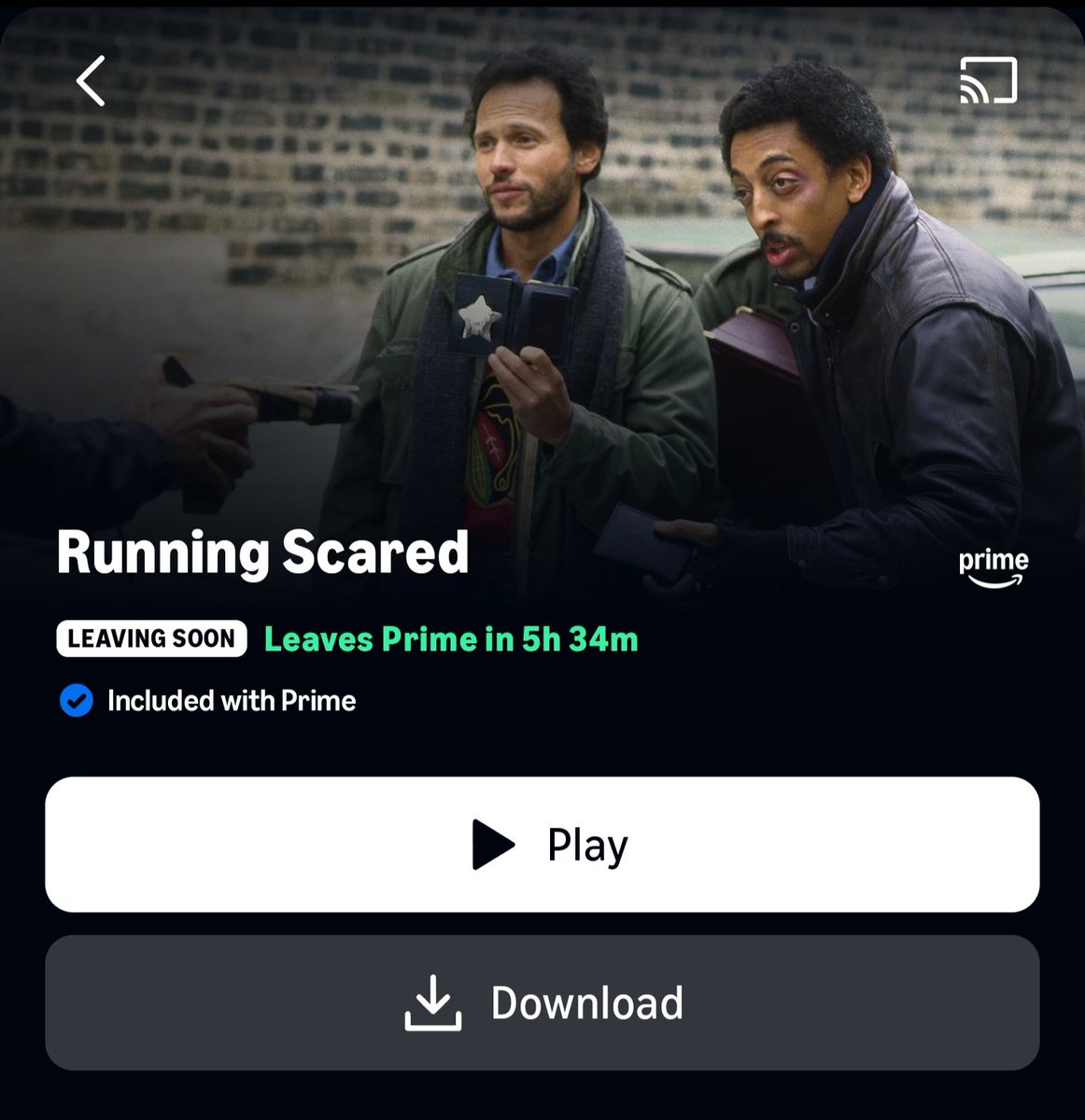 GoodbyePrime's tweet photo. FridayNightPopcorn double bill on #Prime . #RunningScared (1986) #ElectraGlideInBlue (1973) be quick as they both leave Prime, at midnight. 😀 https://t.co/sFCIF05uhr