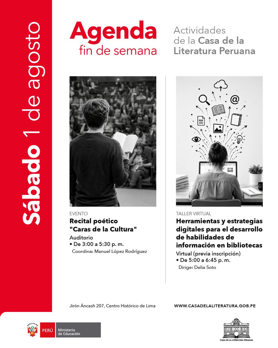 casaliteratura's tweet photo. AGENDA del fin de semana. 📚✨ Acércate este sábado 1 y domingo 2 de agosto y disfruta de narraciones, talleres, proyecciones, teatro y más actividades. ¡Arma tu plan y ven a compartir en familia! 🙌📖 #IngresoLibre https://t.co/GrfSfykB1i