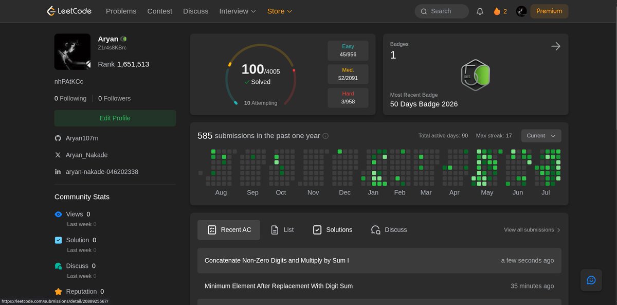 Aryan_Nakade's tweet photo. Started with zero.
Today: 100 LeetCode problems solved. 
Still a long way to go, but progress is progress.
The grind continues. 🚀

#LeetCode #Programming #DSA https://t.co/8PFcslG1Zc