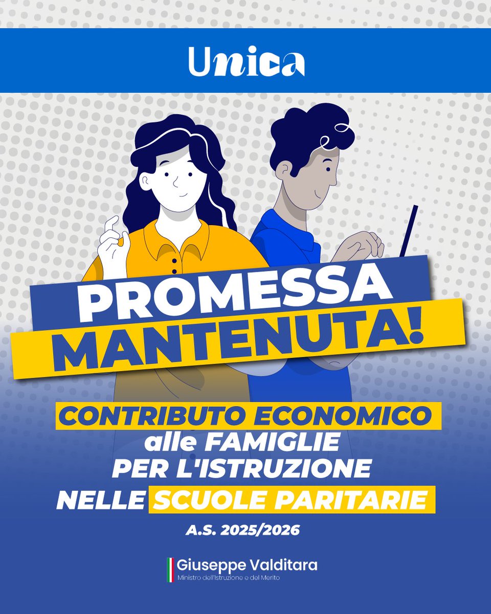 G_Valditara's tweet photo. Promessa mantenuta! Ho firmato il decreto che assegna un contributo economico per l’istruzione nelle scuole paritarie riservato alle famiglie con indicatore ISEE fino a 30.000 Euro.
Qui i dettagli ➡��� https://t.co/VVB2YAvXQd
#scuola #mim @MIsocialTW https://t.co/HoRJSFFiwb