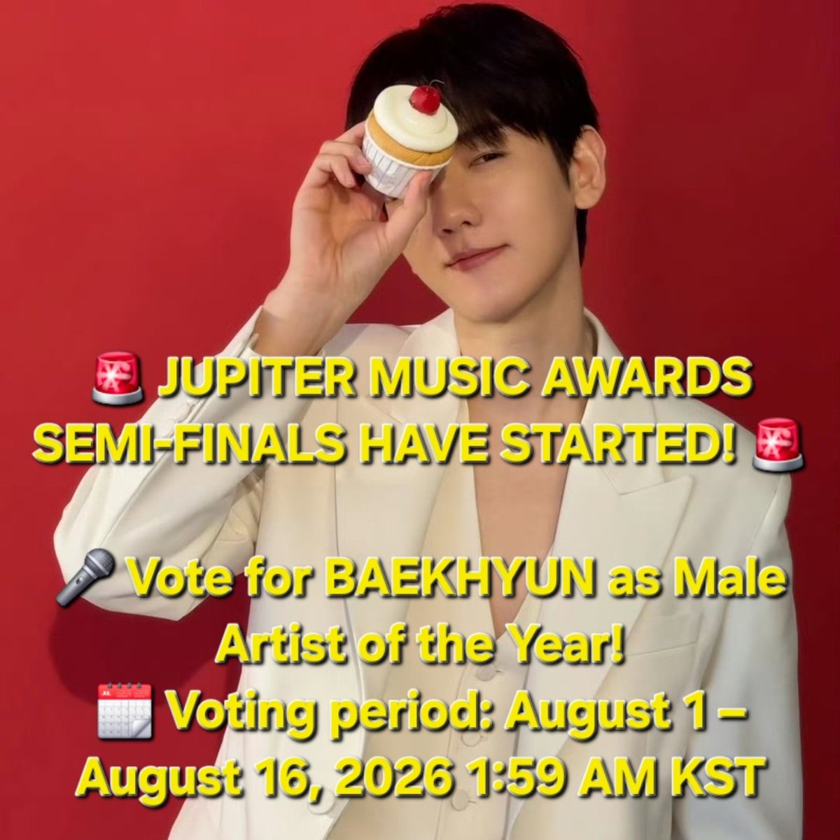 boxianbaozi's tweet photo. 🏆 [2026 JMA] BAEKHYUN for 3rd Jupiter Music Awards — ‘Male Artist of the Year’ organized by Asian Television Awards ✨ #백현 #BAEKHYUN

🚨 SEMI-FINALS HAS STARTED! Our mission is clear — let’s get BAEKHYUN into the Top 5 ONLY! 💪❤️‍🔥

📅 Voting Schedule (3 rounds, 15 days each): 
• Prelims: July 1–16 (ends 1:59 KST) ✅
• 🚨ONGOING🚨 Semi‑Finals: August 1–16 (ends 1:59 KST) 
• Finals: September 1–16 (ends 1:59 KST) 🔜

🗳 Voting Apps (5 total): 
⭐️Idol Champ, ⭐️Mubeat, ⭐️Muniverse, My1pick and Coogoong

⭐️ = Priority Apps

Note: The votes are being counted across all platforms. Please choose the voting platform you feel most comfortable with!

💶 Donate Here
Ko-fi: https://t.co/Jhw87RN18P
PH Channels: https://t.co/TJl7c5gNps

✨ If Baekhyun wins Male Artist of the Year, he will receive:
1. Invitation to the awards ceremony in Vietnam (Red Carpet, Stage Performances, Physical Trophy)
2. SNS promotion via Asian Television Awards
3. TV appearances, live streaming of the ceremony, and media interviews

💛 Let’s unite, collect tickets, and vote together — Baekhyun deserves this spotlight! ✨