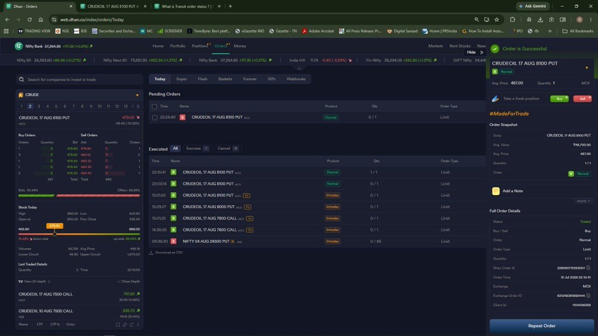 pupppykutty's tweet photo. @DhanHQ Urgent: Your platform appears to be facing a serious issue. My BUY order for MCX Crude Aug 17 8100 Put was executed, but I'm unable to place a SELL order. The charts are frozen, orders are stuck, and customer support is unavailable at this hour.#Dhan #MCX #Trading https://t.co/yIrCx8gyzT