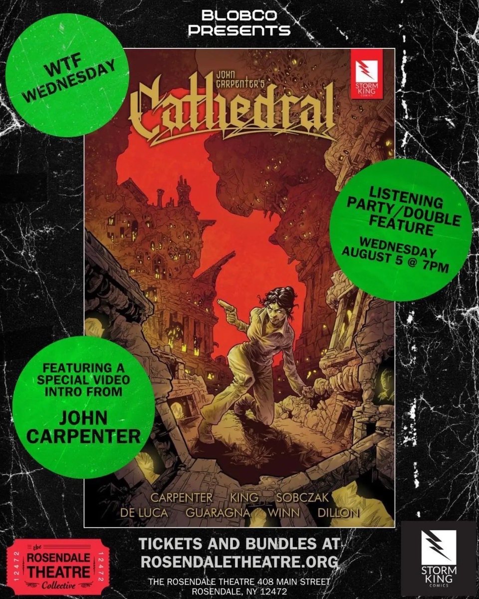 TheHorrorMaster's tweet photo. BlobCo and Storm King Comics present WTF Wednesday: John Carpenter’s Cathedral Listening Party Double Feature at the Rosendale Theatre!

Be among the first audiences in the world to experience a brand new sonic nightmare from John Carpenter, with a special video intro from The Horror Master himself!

An abandoned cathedral. A gruesome murder. A powerful supernatural entity living in the catacombs. It all comes to a head in downtown Los Angeles. What will happen and who will live to tell the tale? Such is the storyline of Cathedral, the thrilling new album and terrifying graphic novel from director and musician John Carpenter, based on a dream Carpenter had in 2024.

Cathedral has all the drama, dark atmosphere, and frenetic pacing of a classic heavy metal record. Especially designed as the soundtrack to the graphic novel, each track corresponds to a specific section of the book. The liner notes included with the album packaging feature prompts for each track, creating a fully interactive experience. Combined with the graphic novel, it’s the closest thing to a new John Carpenter film in years.

Following the Cathedral Listening Party stick around for a screening of John Carpenter’s Prince of Darkness, featuring one of Carpenter’s most complete and aurally unnerving scores.

Want to take the terror home? The complete John Carpenter’s Cathedral Bundle, featuring the graphic novel, and Deep Blue Variant LP is available for purchase with a special discount for Rosendale Theatre Members!

Note: LPs will not be available for pickup until Friday, August 7th at the Rosendale Theatre Box Office or World’s End Comics in Kingston.

WTF Wednesday: John Carpenter’s CATHEDRAL Listening Party Double Feature (w/ Prince of Darkness)
Wednesday, August 5
Doors: 7
Listening Party: 7:30
Ticket/Book/Album Bundle: $65 General / $55 Member
Ticket + Album: $44 General / $40 Member
Ticket: $20 General / $16 Member 

Ticket link in bio. 

About John Carpenter’s Cathedral (The Graphic Novel):

In the middle of downtown Los Angeles, an abandoned cathedral stands, fenced in and ignored by the world around it. The preoccupied passers-by have long since ceased to notice