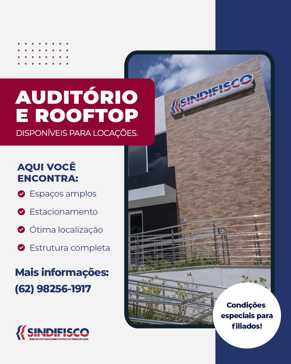 sindifiscogo's tweet photo. No Sindifisco-GO, você encontra ambientes modernos, versáteis e preparados para receber treinamentos, palestras, cursos e comemorações.

E tem mais: filiados(as) contam com desconto especial na locação. 😉

Faça sua reserva pelo WhatsApp: (62) 98256-1917 e garanta sua data! https://t.co/nQuvprPDMf