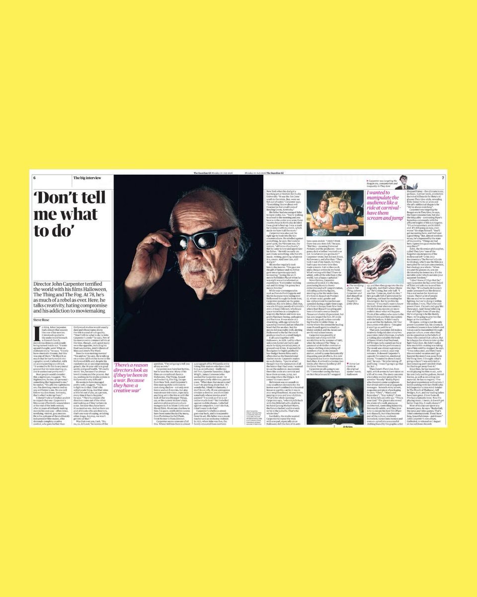 TheHorrorMaster's tweet photo. John Carpenter graces the cover of @guardian Life & Arts section, talking about his forthcoming album & graphic novel release, CATHEDRAL -  a terrifying tale that came to him in a dream. Read about it in today’s newspaper or online.

Words by Steve Rose
Photography by @philipcheungphoto

CATHEDRAL comes out August 7th on @sacredbones with the accompanying graphic novel out August 4 via @stormkingcomics