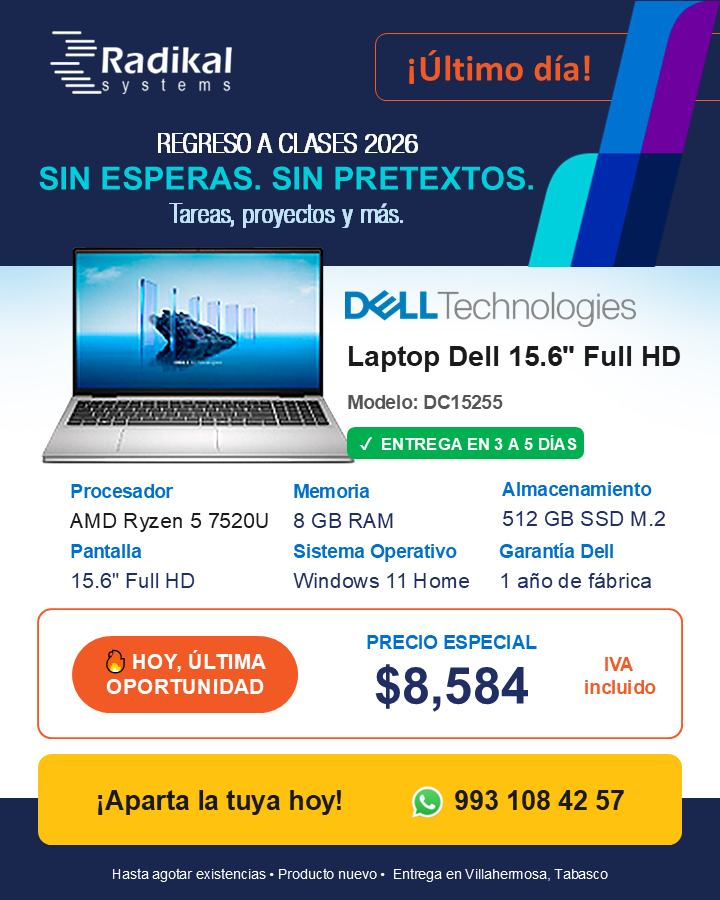 RadikalSystems's tweet photo. Dell 15.6" Full HD
Ryzen 5 · 8 GB · 512 GB SSD · Win 11 Home
 $8,584 IVA incluido
Solo hoy. Entrega 3-5 días en Villahermosa.
WhatsApp: 993 108 42 57
#Villahermosa #Dell https://t.co/rrHNq06MjA