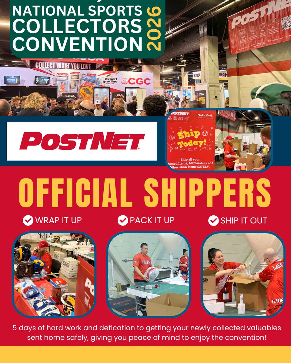 PostNetIL106's tweet photo. 🚨 The National Sports Collectors Convention is happening now in Rosemont! 🏈⚾🏒 As the OFFICIAL SHIPPER, 📦 PostNet Lake Forest is here to pack &amp; ship your collectibles home safely. Stop by through Sunday and say hi! 🏠 #NSCC #PostNet #NationalSportsCollectorsConvention https://t.co/6Y7cxQbtBH