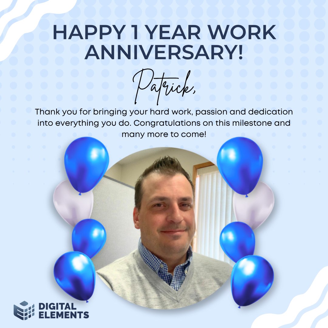 Digital_Lements's tweet photo. Today, we’d like to shout out Patrick on his 1 year anniversary with us!

Thank you, Patrick, for always bringing your dedication, hard work and passion into everything you do. Congratulations on this milestone and we’re excited to see how much more you’ll accomplish! https://t.co/NtyaUsttYZ