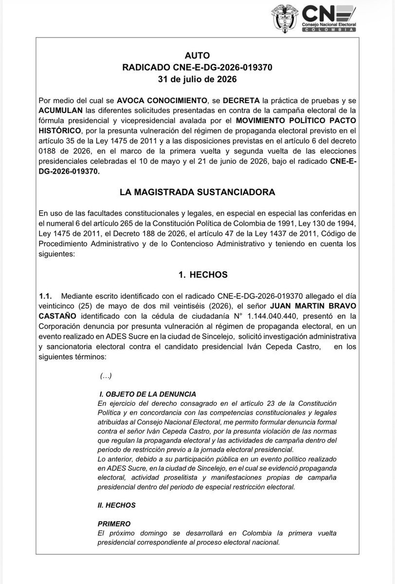 juanmartinbc's tweet photo. 🚨 LO LOGRAMOS.

El Consejo Nacional Electoral, mediante el Auto CNE-E-DG-2026-019370, admitió para trámite la denuncia que presenté contra Iván Cepeda y la campaña presidencial del Pacto Histórico por la presunta vulneración del régimen de propaganda electoral. Además, decretó la práctica de pruebas e inició la actuación administrativa para esclarecer los hechos denunciados.