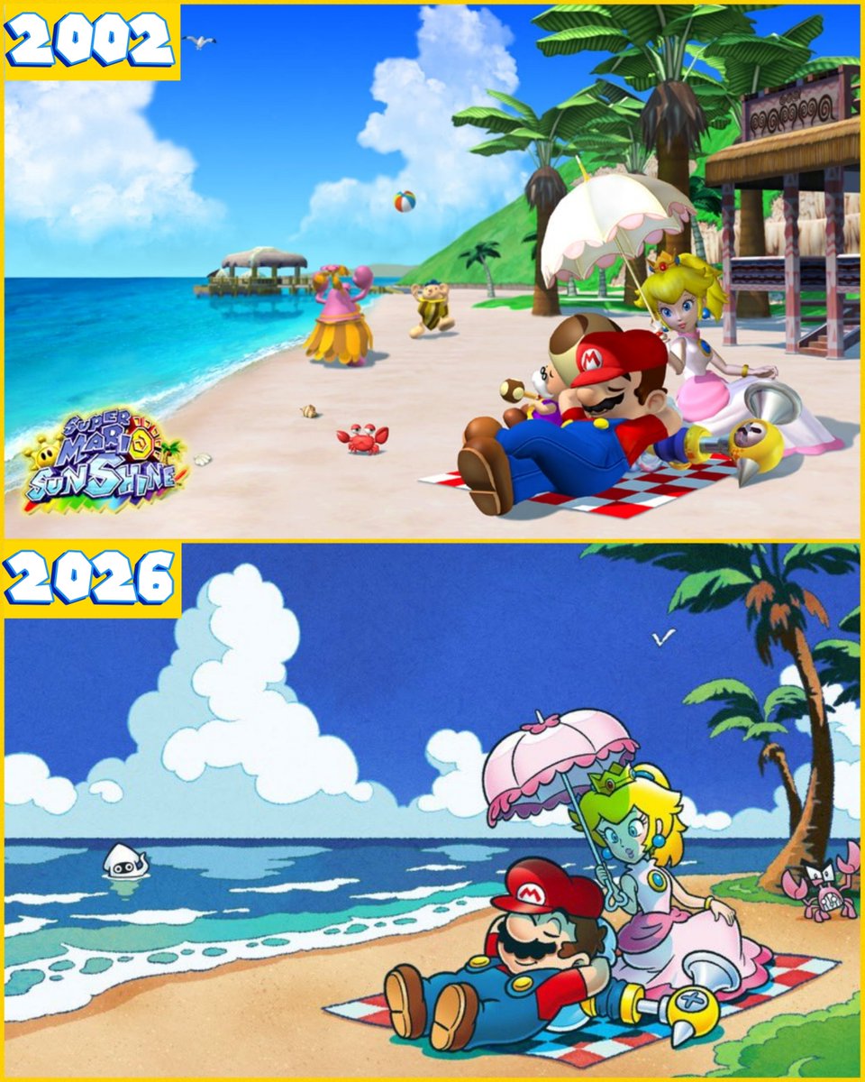 nintenbingo's tweet photo. Super Mario Sunshine
2002 vs. 2026 ☀️ https://t.co/HHeas6u6f9