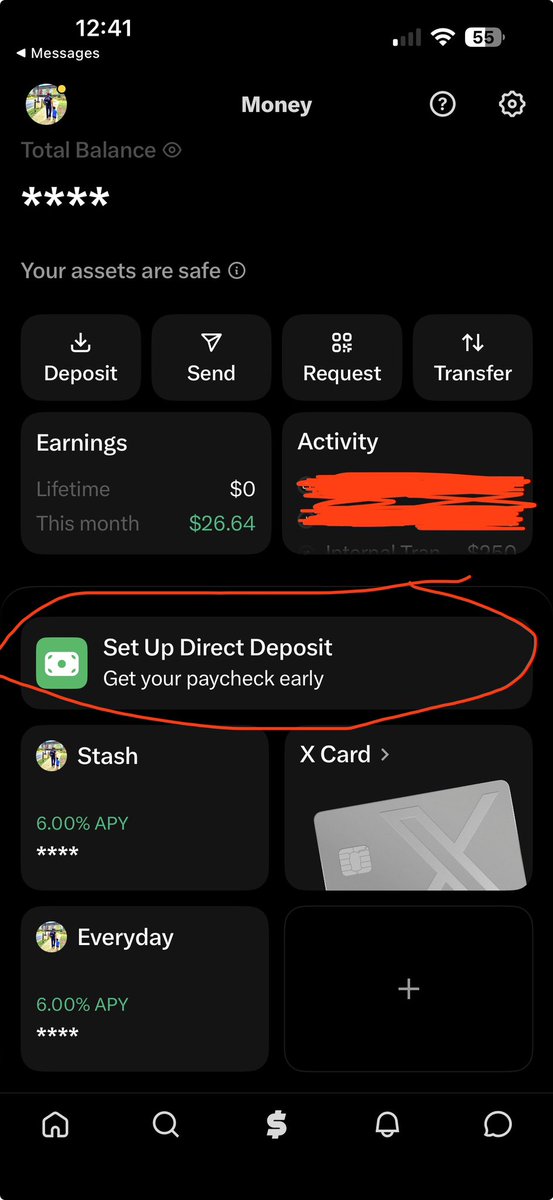 Focha24's tweet photo. @deobfuscations Can you make it where we can remove the “Setup Direct Deposit” tab? I setup direct deposit with the company I work for. So having that tab there just adds clutter to the X page for me. https://t.co/iz1QIUsNBU