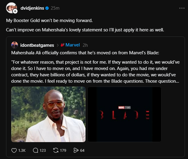 homeofdcu's tweet photo. David Jenkins reveals his Booster Gold won't be moving forward after all.

"Can’t improve on Mahershala’s lovely statement so I’ll just apply it here as well." ☹️ https://t.co/PFRmd5wdiF