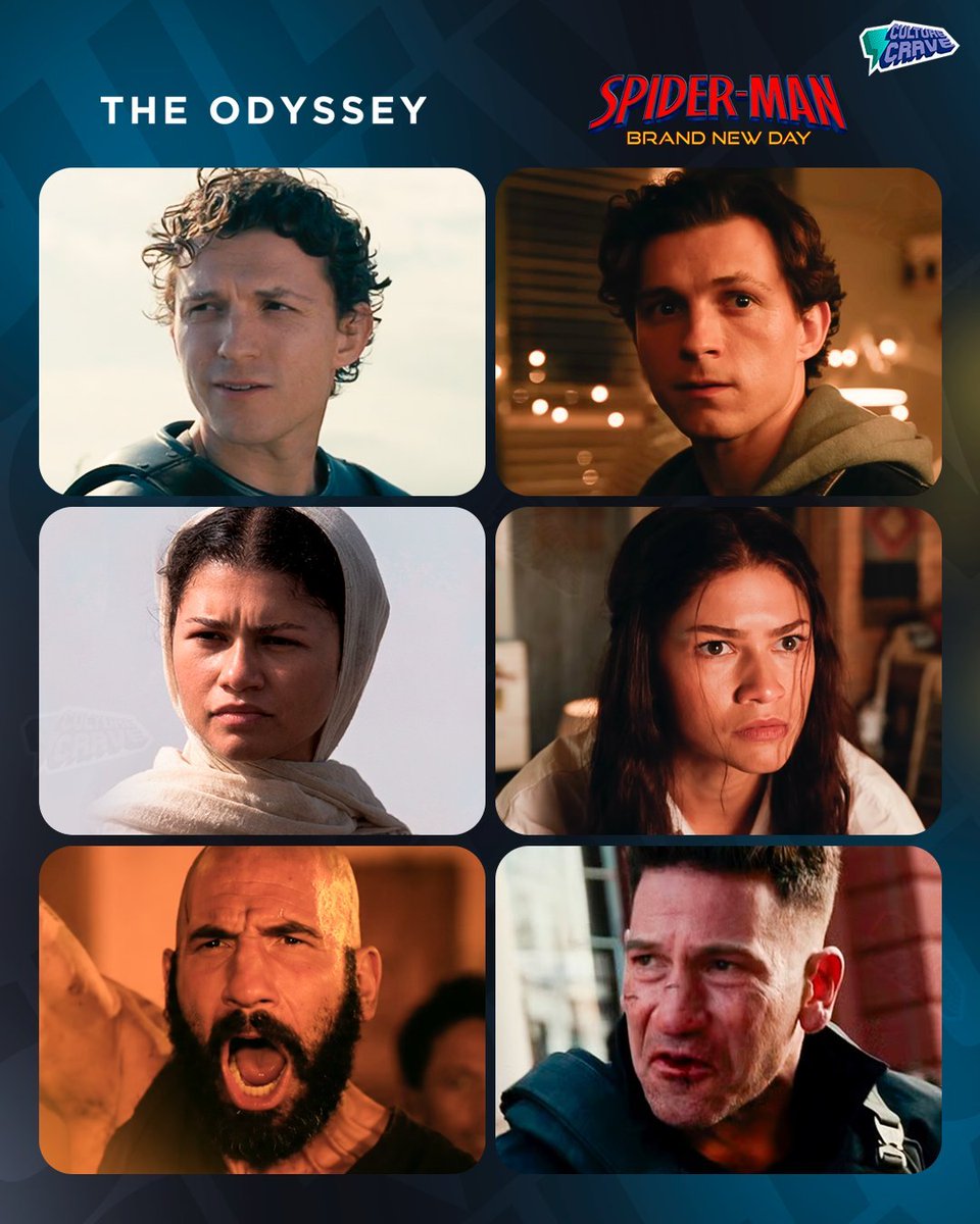 CultureCrave's tweet photo. What a month for Tom Holland, Zendaya, and Jon Bernthal 🍿

Their films 'The Odyssey' and 'Spider-Man: Brand New Day' are now playing in theaters ⚔️🕸️ https://t.co/MalHpIoY3R