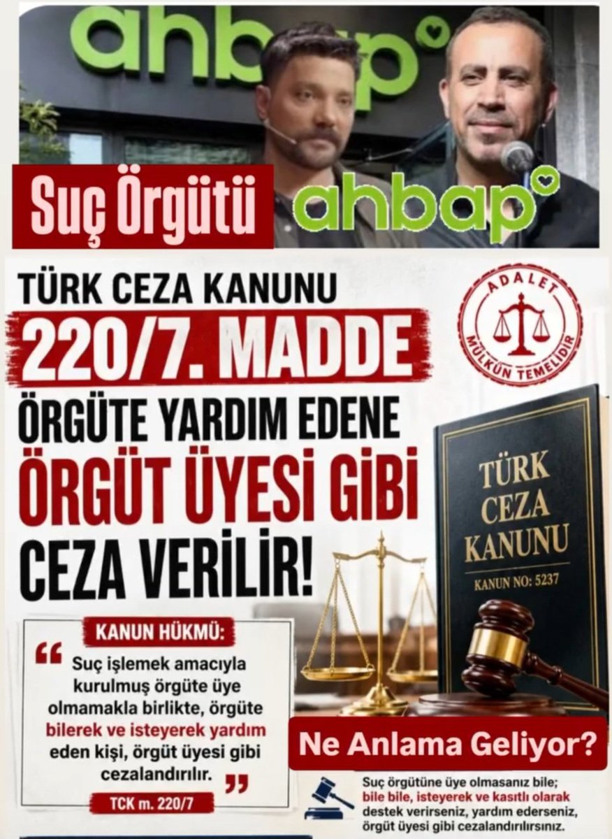 VeyselDuzcan's tweet photo. @turgayguler Sebebi ne?

Örgüt mensubu olmasalar dahi, örgüte yardım edene, örgüt üyesi gibi ceza verilir.

TCK: 220/7 https://t.co/kln5E2gBSM