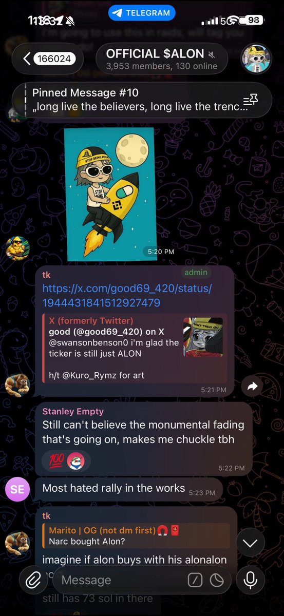 Nexothecooker's tweet photo. Just found out the solana:5sd8bKraewJNHFg72scxxYXNeLCASVct1gxqi3Xipump dev is also the artist for a coin i once held

He did $alon which went to $200m last year 

Proof is below and he just dropped an art piece with both featured, do you know what’s about to happen? https://t.co/GHZCFNITi6