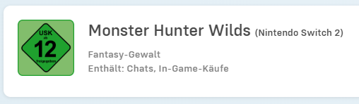necrolipe's tweet photo. Monster Hunter Wilds é classificado para o Nintendo Switch 2 na Alemanha 

Pode ser um indicativo de que desenvolvimento do jogo esteja bem avançado para a plataforma da Nintendo
—
via @pierre485_ https://t.co/iv0Tpy4QDb