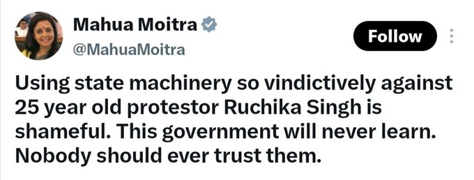 rishibagree's tweet photo. Mahua, just four months ago, you sent 13 policemen from Krishnanagar to arrest &amp; intimidate me for quoting a tweet about you. Instructed them to create a nuisance in my neighbourhood to sully my image. 

You slapped 12 non-bailable FIRs on me, which were quashed by the High Court https://t.co/4BNhwp9XiF