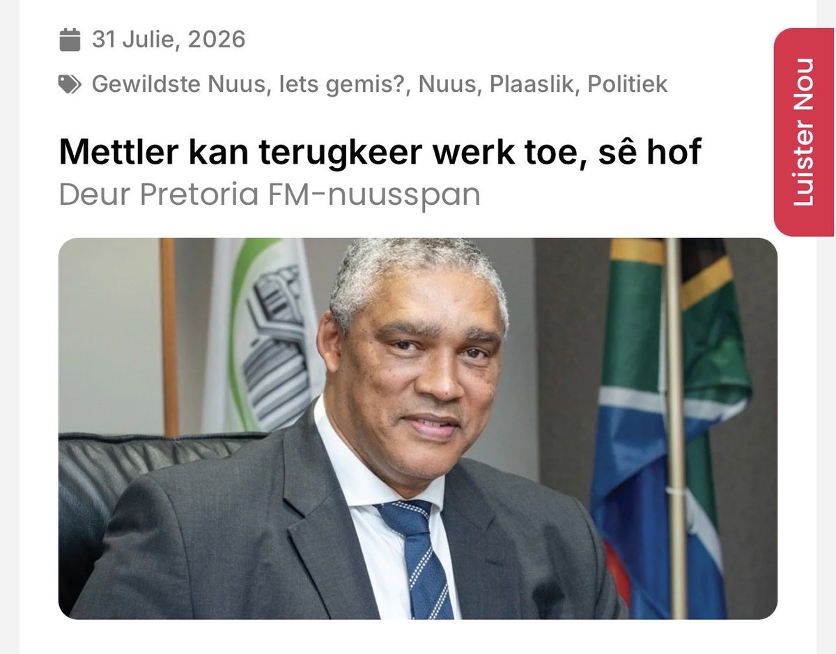 SolidariDirk's tweet photo. Johann Mettler – dis 'n wen!

Die Hooggeregshof in Pretoria het die skorsing van die stadsbestuurder van die Tshwane-metro, Johann Mettler, tersyde gestel. 'n Dringende aansoek is deur Solidariteit en die DA by die hof gebring. Mettler is 'n lid van Solidariteit.

Die hofuitspraak is 'n oorwinning vir Mettler, wat die slagoffer van 'n politieke magspel was. 

Reëls is misbruik om 'n politieke doel te bereik, ten koste van 'n individu.

Solidariteit se belang was nie die politiek nie, maar die beskerming van die individu se regte.

https://t.co/3h1ANqQbJn