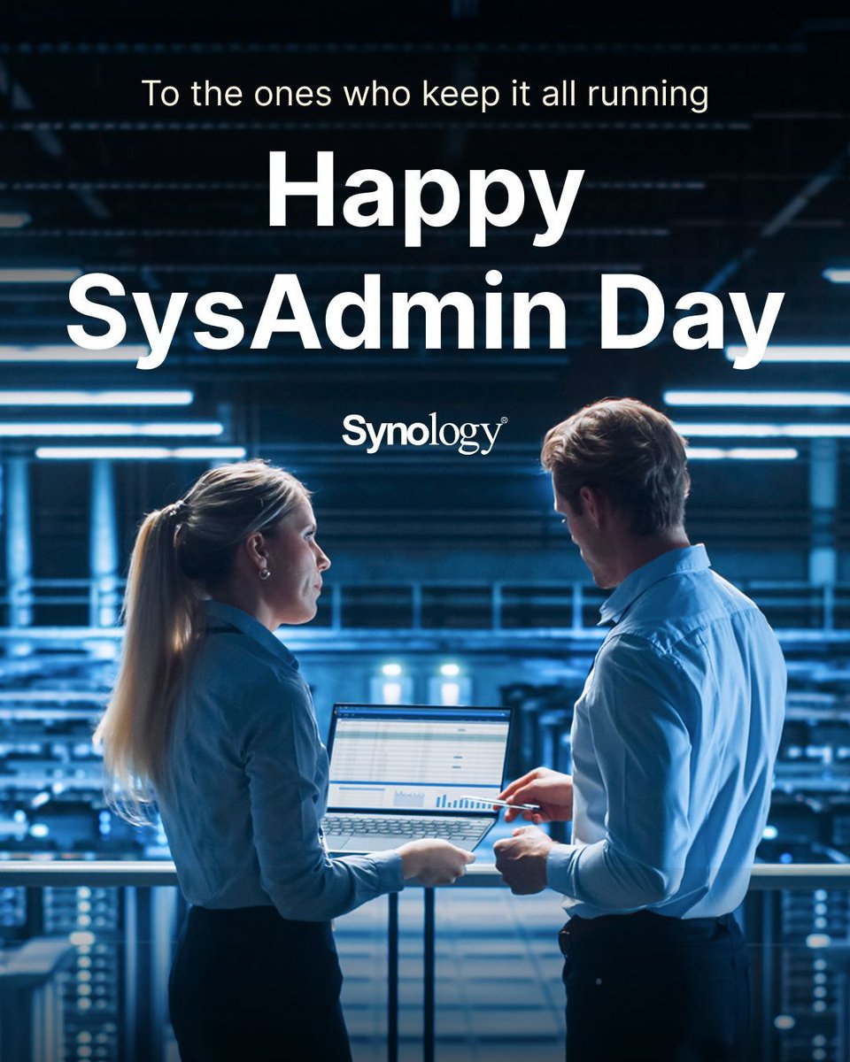 Synology's tweet photo. Behind every smooth-running network is a sysadmin who never gets enough credit. Happy SysAdmin Day to the ones who keep it all together. 🖥️
#sysadmin #sysadminday https://t.co/TbwXvKYMjW