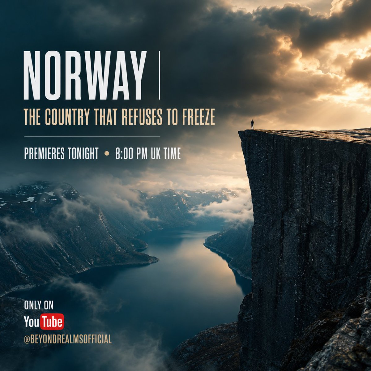 BeyondRealmsHQ's tweet photo. 🇳🇴 NORWAY | The Country That Refuses to Freeze
What if one of Earth's coldest countries is warmed by an invisible force powerful enough to keep its coastline alive all winter?
🎬 Premieres tonight 🕗 8:00 PM UK Time
▶️ Watch on YouTube: @BeyondRealmsOfficial
#Norway #Travel https://t.co/ONjwDCWuCm