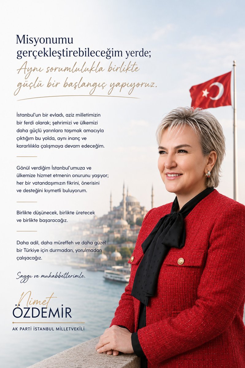 Nimet_Oz_Demir's tweet photo. Misyonumu gerçekleştirebileceğim yerde;
Aynı sorumlulukla, birlikte, güçlü bir başlangıç yapıyoruz…

İstanbul’un bir evladı, aziz milletimizin bir ferdi olarak; şehrimizi ve ülkemizi daha güçlü yarınlara taşımak amacıyla çıktığım bu yolda, aynı inanç ve kararlılıkla çalışmaya devam edeceğim.

Gönül verdiğim İstanbul’umuza ve ülkemize hizmet etmenin onurunu yaşıyor; her bir vatandaşımızın fikrini, önerisini ve desteğini kıymetli buluyorum.

Birlikte düşünecek, birlikte üretecek ve birlikte başaracağız.

Daha adil, daha müreffeh ve daha güzel bir Türkiye için durmadan, yorulmadan çalışacağız.

Saygı ve muhabbetlerimle.