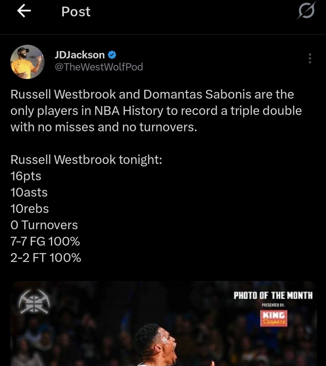 TheWestWolfPod's tweet photo. Bruh Russell Westbrook has 2 perfect triple doubles.  He be doing crazy stuff man. https://t.co/1p1qfKNUcf