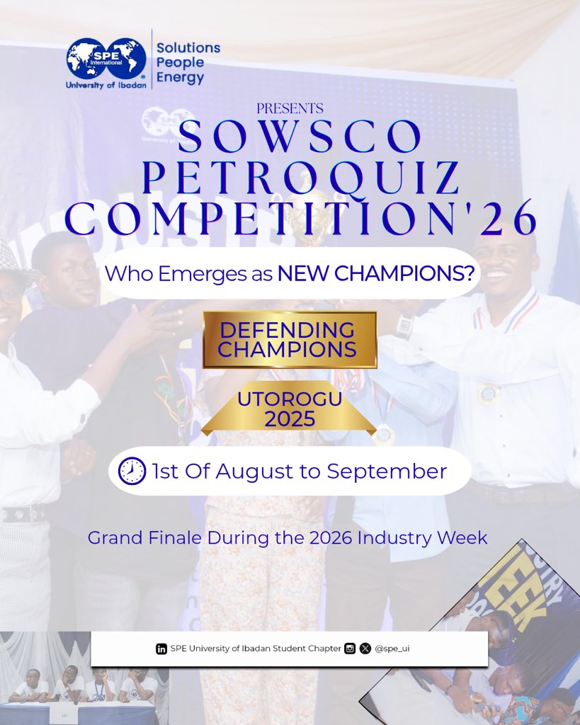 SPEUIPETROQUIZ's tweet photo. ⏳ 24 HOURS TO GO.

Tomorrow, the battle begins.

16 teams.
One trophy.
Zero room for mistakes.

Round One of the SOWSCO PetroQuiz 2026 is almost here.

Who’s making a statement from Matchday One? 👀🏆

#SPEUI #SOWSCOPetroQuiz #PetroBowl https://t.co/T7TIQjN5Ri