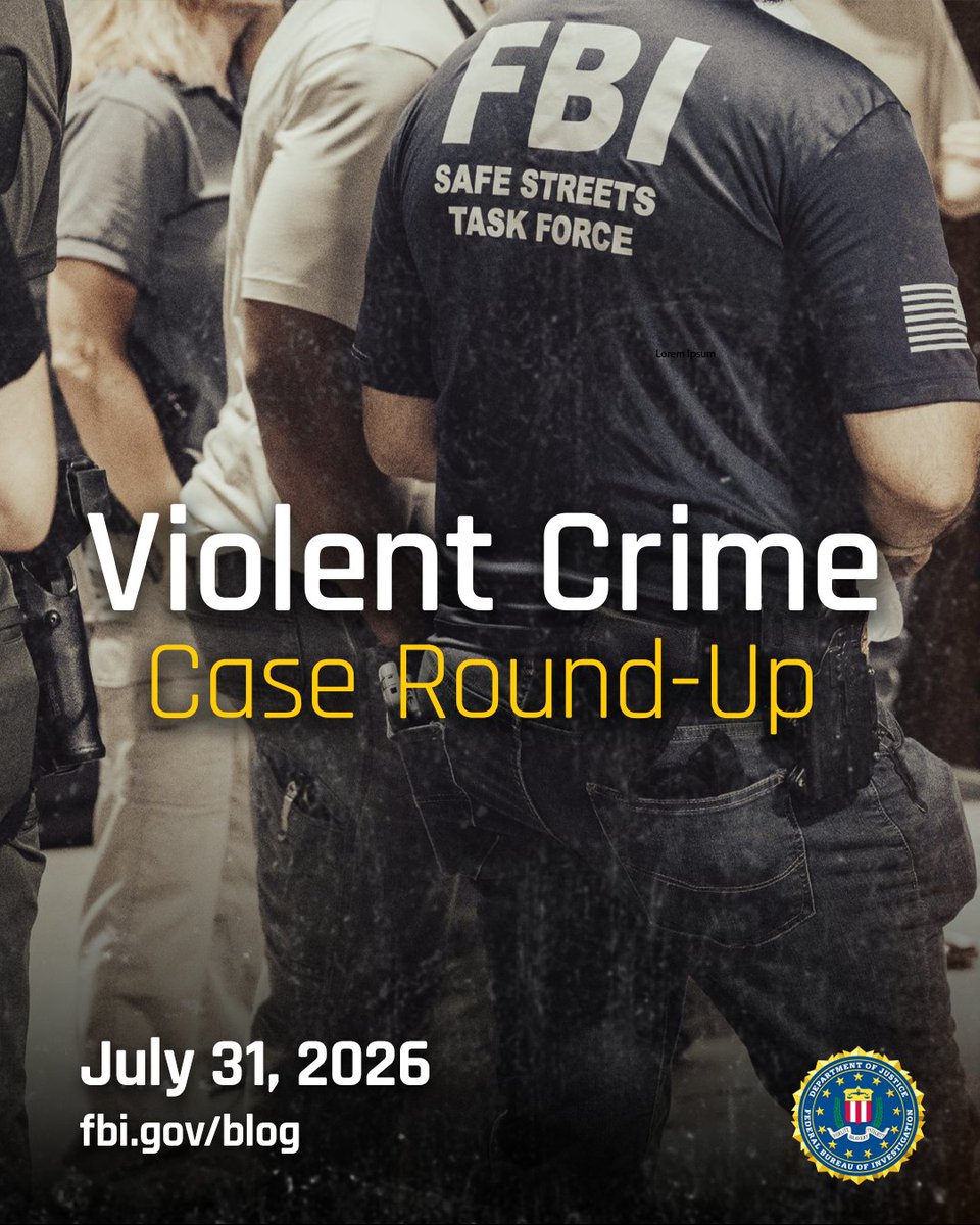 FBI's tweet photo. The FBI plays a crucial role in combating violent crime nationwide. Read this recent round-up of violent crime stories: https://t.co/7Zkkn3mvYw

This week's blog features cases from: @NewYorkFBI @FBIBuffalo @FBIDenver @FBIMinneapolis @FBILosAngeles https://t.co/Yj6Hn0PhPp