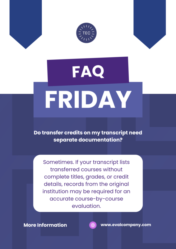 TheEvalCompany's tweet photo. Transfer credits can make a credential evaluation more complex, especially when your transcript does not include complete course titles, grades, or credit details.

Learn more at https://t.co/aOuAlPE8C6

#FAQFriday #CredentialEvaluation #TransferCredits https://t.co/keE8cXh4Gl