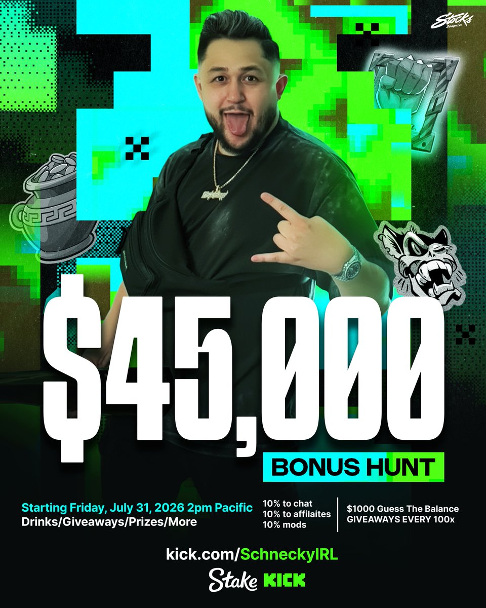 SchneckyIRL's tweet photo. 🎉We've reached 45,000 followers on @kick 🎉

🎁To celebrate, we will be doing a $45,000 Bonus Hunt TODAY with over 30% going back to YOU (Over $15,000 in Total) 🫵

👉Stake/Kick Drops ALL Stream | Free Reloads Every 100x | $1000 Guess The Balance

✅Like/RT + Tag 2 friends for a free $100 Stake Reload!

🔗 https://t.co/4eKOkm47Wo