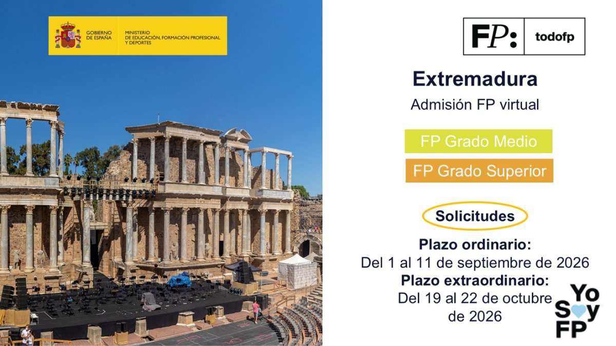 todofp's tweet photo. 📢 #FPExtremadura. Admisión FP Virtual: Grado Medio y Superior. #TodoFP #YoSoyFP
🔴 Inscripciones: Plazo ordinario: Del 1 al 14 de septiembre de 2026
Plazo extraordinario: Del 19 al 22 de octubre de 2026
🔎 https://t.co/75Sk3ggOcs https://t.co/TJXHs3UUmE