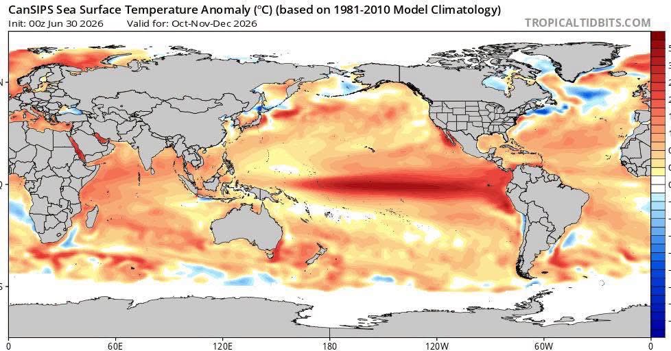 HuracanInfoCo's tweet photo. 🟥 ¿EL NIÑO EN NIVELES RÉCORD HASTA FEBRERO 2027?

La nueva corrida del modelo CanSIPS ahora proyecta que El Niño podría sobrepasar el nivel récord por 6 meses consecutivos entre Septiembre 2026 hasta Febrero 2027.

Increíble….

Gracias,
Rubén García, Meteorólogo https://t.co/In81gOp7th