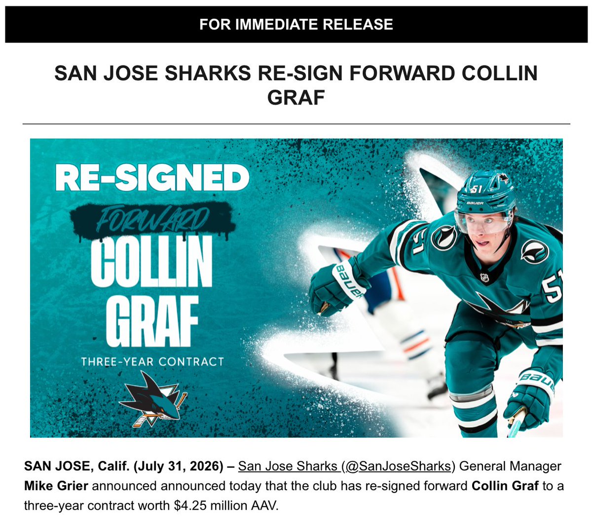 TEALTOWNUSA's tweet photo. #SJSharks sign Graf https://t.co/GR47jC8a2Z