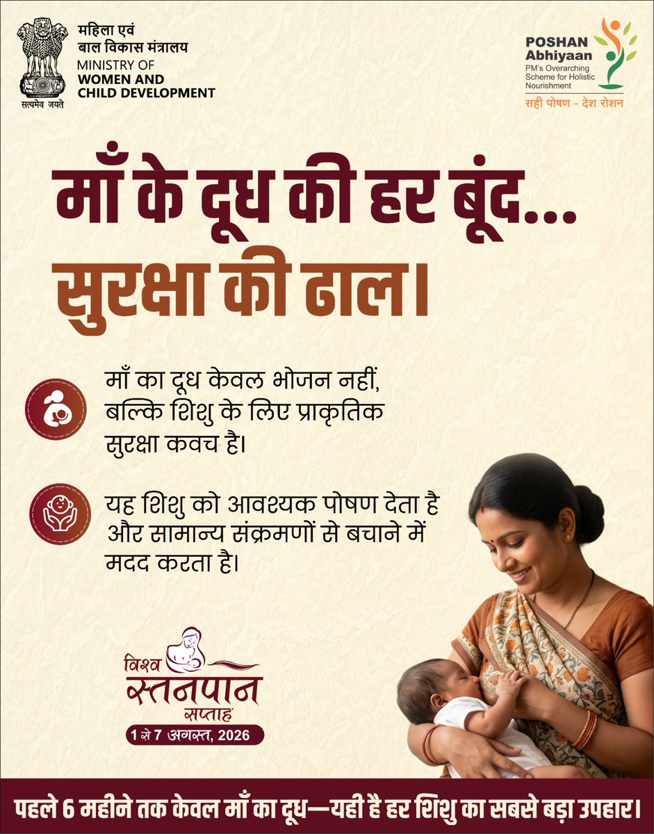 MinistryWCD's tweet photo. माँ का दूध बच्चे के संपूर्ण विकास के लिए सबसे महत्वपूर्ण है।
आइए इस विश्व स्तनपान सप्ताह में माँ के दूध के महत्व का प्रचार करें
#WorldBreastfeedingWeek2026 

@PMOIndia | @Annapurna4BJP | @savitrii4bjp | @MoHFW_INDIA | @EduMinOfIndia | @mopr_goi | @MoRD_GoI | @mygovindia | @PIBWCD https://t.co/s7SkYGn8KR