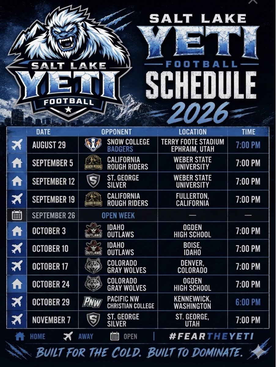 SaltLakeYetis's tweet photo. THE WAIT IS OVER! 🔥
The official 2026 schedule was officially released. 
New dates. fresh battles!
The Yeti are coming for everything, from road trips to home turf conflicts.
Put this on your calendars! who is riding with the pack? ❄️🦍⚡ #FearTheYeti #SaltLakeYeti #YetiFootball https://t.co/HMchR4fpDS