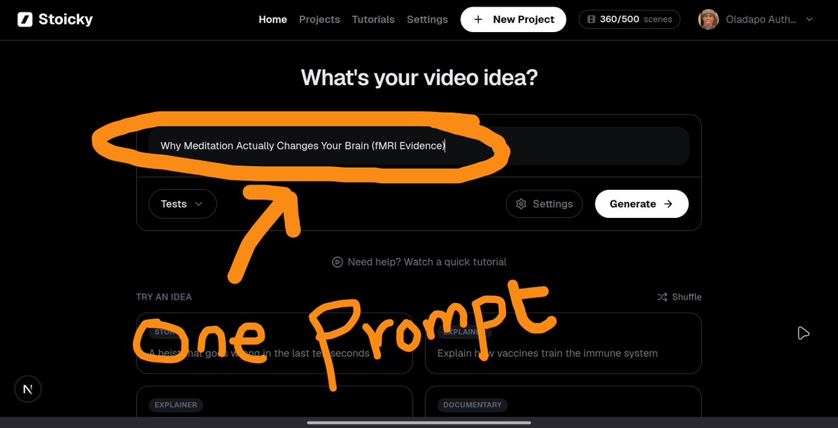 author573's tweet photo. A Stickman explainer video made from ENTIRELY one prompt.

Yes. Just one prompt.

Prompt used: Why Meditation Actually Changes Your Brain (fMRI Evidence).

100% AI and automated end-to-end with Stoicky.

I don't know why people don't see the opportunity here. https://t.co/Hft8iYhcFB