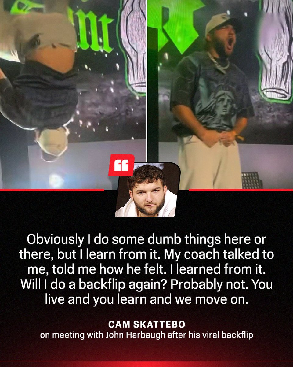 espn's tweet photo. Cam Skattebo says he learned from his viral backflips off the field after speaking with Giants head coach John Harbaugh.

More: https://t.co/fj1Vd6jnwP https://t.co/raXDQNPJvs