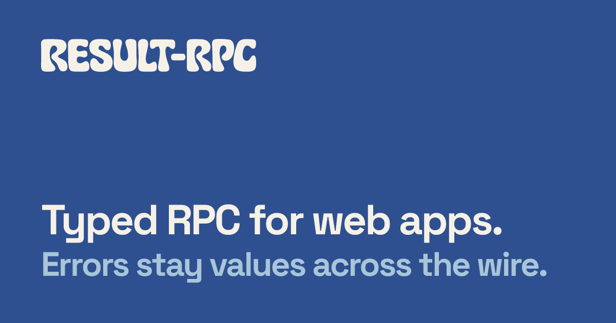 jokull's tweet photo. Announcing result-rpc — typed RPC for TypeScript where errors and entities are first-class.

tRPC and oRPC nail the typed-call part. I wanted the two things that come *after* the call: what happens when it fails, and what happens to your cache when it succeeds.

https://t.co/vSvxu58UDY

Every call returns `Result<T, E>` — no `data`/`error` duality. E is one union: your per-procedure errors, plus cross-cutting ones (offline, timeout, client/server drift - these come out of the box), plus class-level ones (workspace-not-found, unauthorized - anything your app needs).

That's a huge union of errors to deal with. 

It isn't, because of Shells — React components that *claim* errors where they belong in the tree. Offline ��� a banner. Unauthorized → a login redirect. Each shell subtracts what it handles from the type *above the caller component*, so by the time you reach your leaf, only the procedure-specific errors remain.

The types do the subtraction for you.

The wire format carries entities, not just JSON. Return `{ user: [User], totalPosts: number }` and every live `User` in your component tree updates — across every procedure. Mix mapped entities and one-off values freely. Date, Map, Set, URL all survive the wire.

This is my attempt to get the best of all worlds: urql and Relay for normalized identity, tRPC for E2E types and React ergonomics, Effect for taking error channels seriously.

https://t.co/vSvxu58UDY

/cc @captbaritone @_philpl @alexdotjs @aboodman @colinhacks @ssalbdivad thanks for all the inspiration.