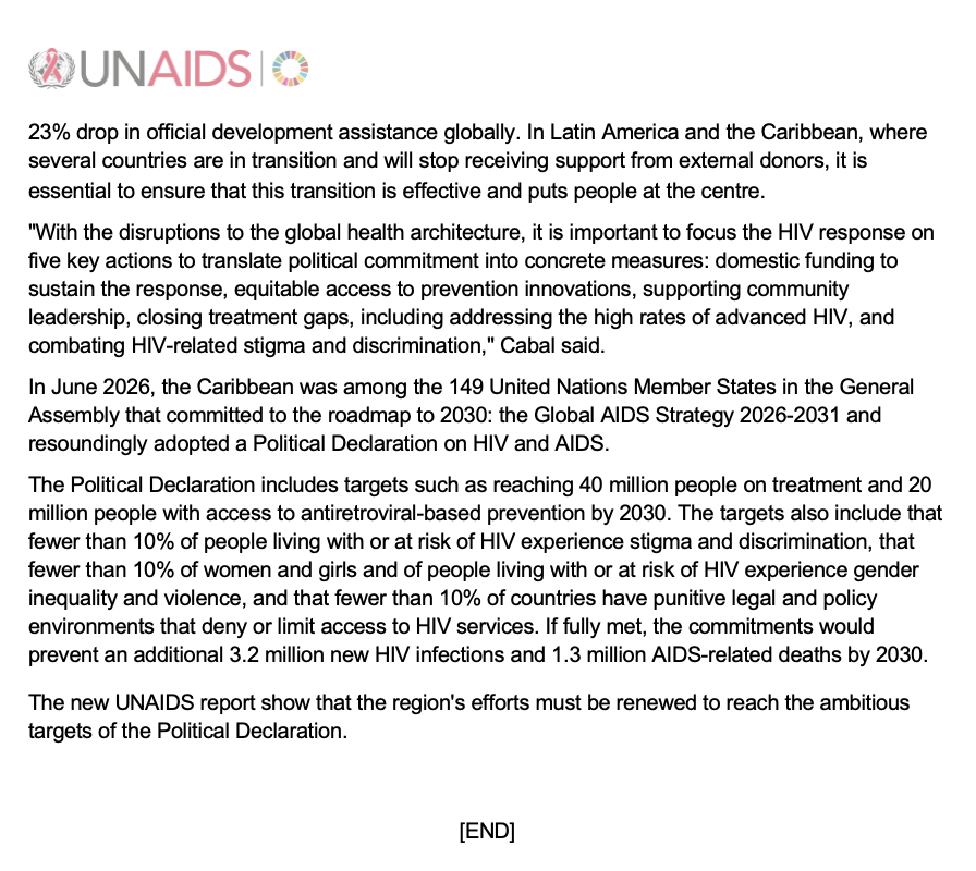 UNAIDSCaribbean's tweet photo. 13,500 new HIV infections were reported in the Caribbean in 2025. There are 340,000 adults living with HIV but only 75% are on treatment. 

Our new report draws attention to the reduction in funding and the implications for many countries. 

Read more 👉🏾https://t.co/ic5fdyelhr https://t.co/pa3q9bBWs1