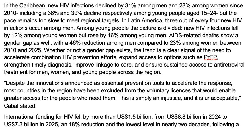 UNAIDSCaribbean's tweet photo. 13,500 new HIV infections were reported in the Caribbean in 2025. There are 340,000 adults living with HIV but only 75% are on treatment. 

Our new report draws attention to the reduction in funding and the implications for many countries. 

Read more 👉🏾https://t.co/ic5fdyelhr https://t.co/pa3q9bBWs1