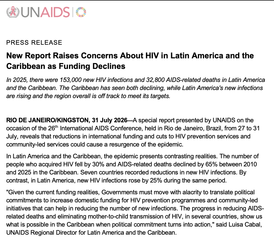 UNAIDSCaribbean's tweet photo. 13,500 new HIV infections were reported in the Caribbean in 2025. There are 340,000 adults living with HIV but only 75% are on treatment. 

Our new report draws attention to the reduction in funding and the implications for many countries. 

Read more 👉🏾https://t.co/ic5fdyelhr https://t.co/pa3q9bBWs1