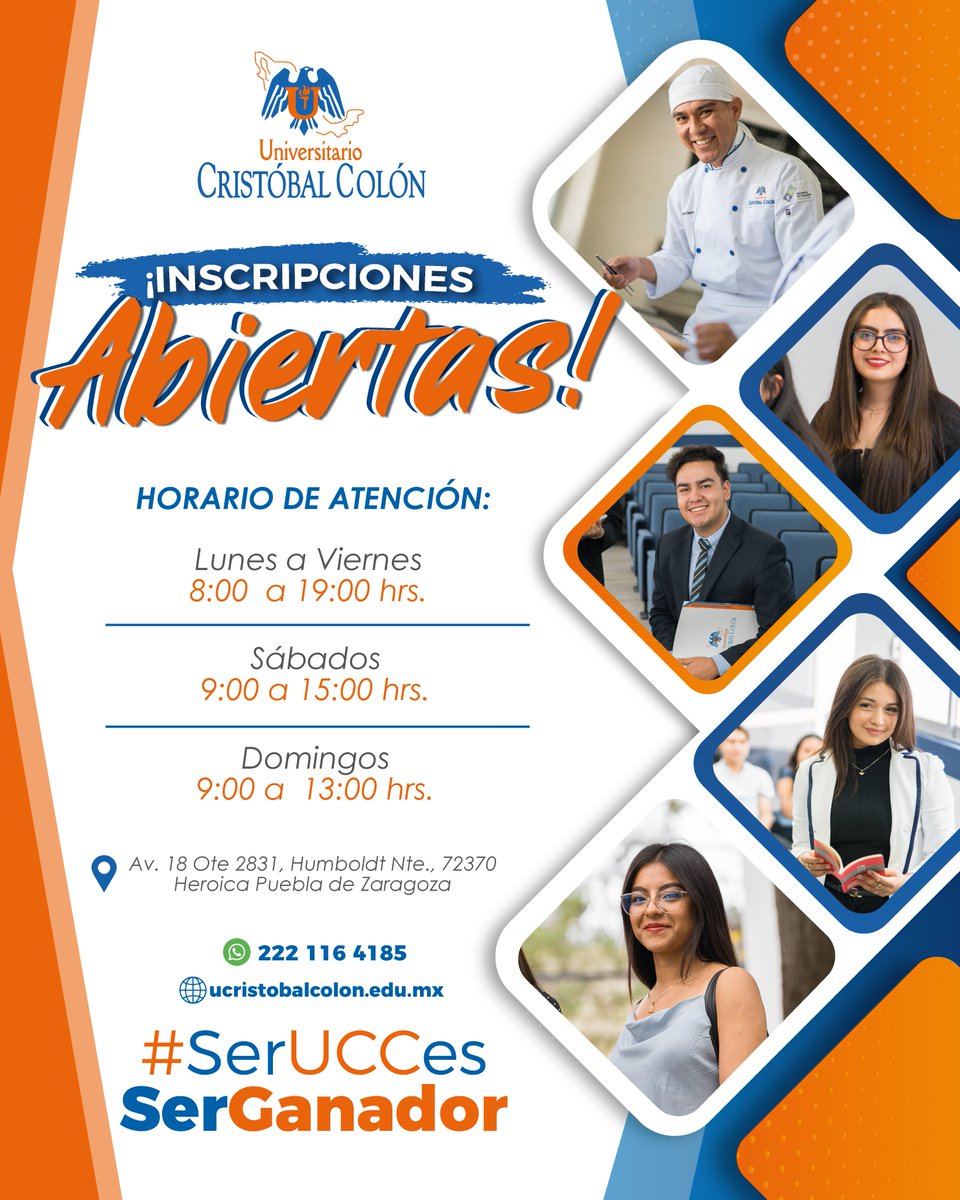 ucc_buap's tweet photo. INSCRIPCIONES ABIERTAS

¡Más de 31 años de experiencia académica nos respaldan!

📅 ¡Te esperamos de lunes a domingo!

Visítanos en cualquiera de nuestros planteles en el horario que más te convenga.

#SerUCCesSerGanador https://t.co/KGCflIp6u0