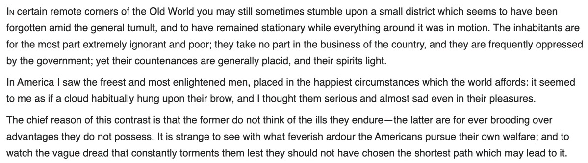 Job_Stacking's tweet photo. In the 19th century, Americans used to be known (accurately) as melancholy and restless. Tocqueville talks about this. https://t.co/snBkAPPSfw