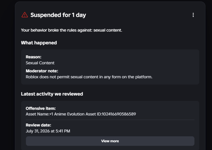 headr0ws's tweet photo. False suspension. Game deleted. Zero reason for either. 

AI moderation is seriously out of control and it's hurting long time developers. 

Please address this. @robloxdevrel https://t.co/y3NmWeDjZw