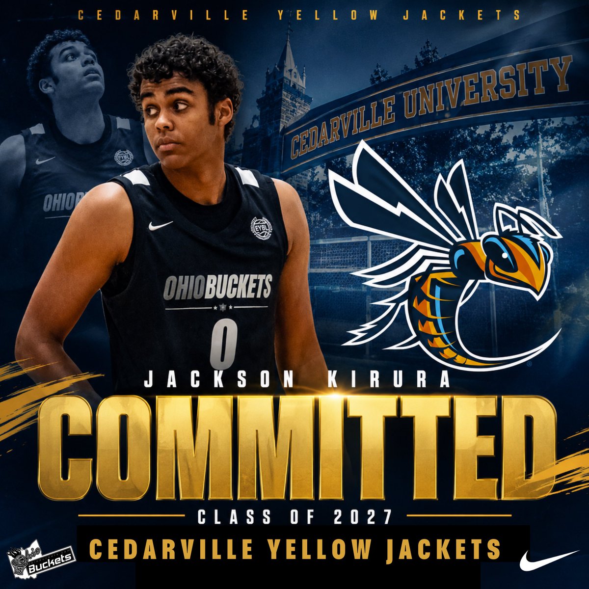 OhioBuckets's tweet photo. 🐝 COMMITTED TO CEDARVILLE!

🚨 Congratulations to 2027 Jackson Kirura (@jkirura) on his commitment to the Cedarville Yellow Jackets (@CedarvilleMBB)!  Another 2027 off the board for the Peach Invitational championship contenders!

🔦 @SpyReportOH 👨🏽‍💼 @Coach_RobJones https://t.co/TvF6I84sWv